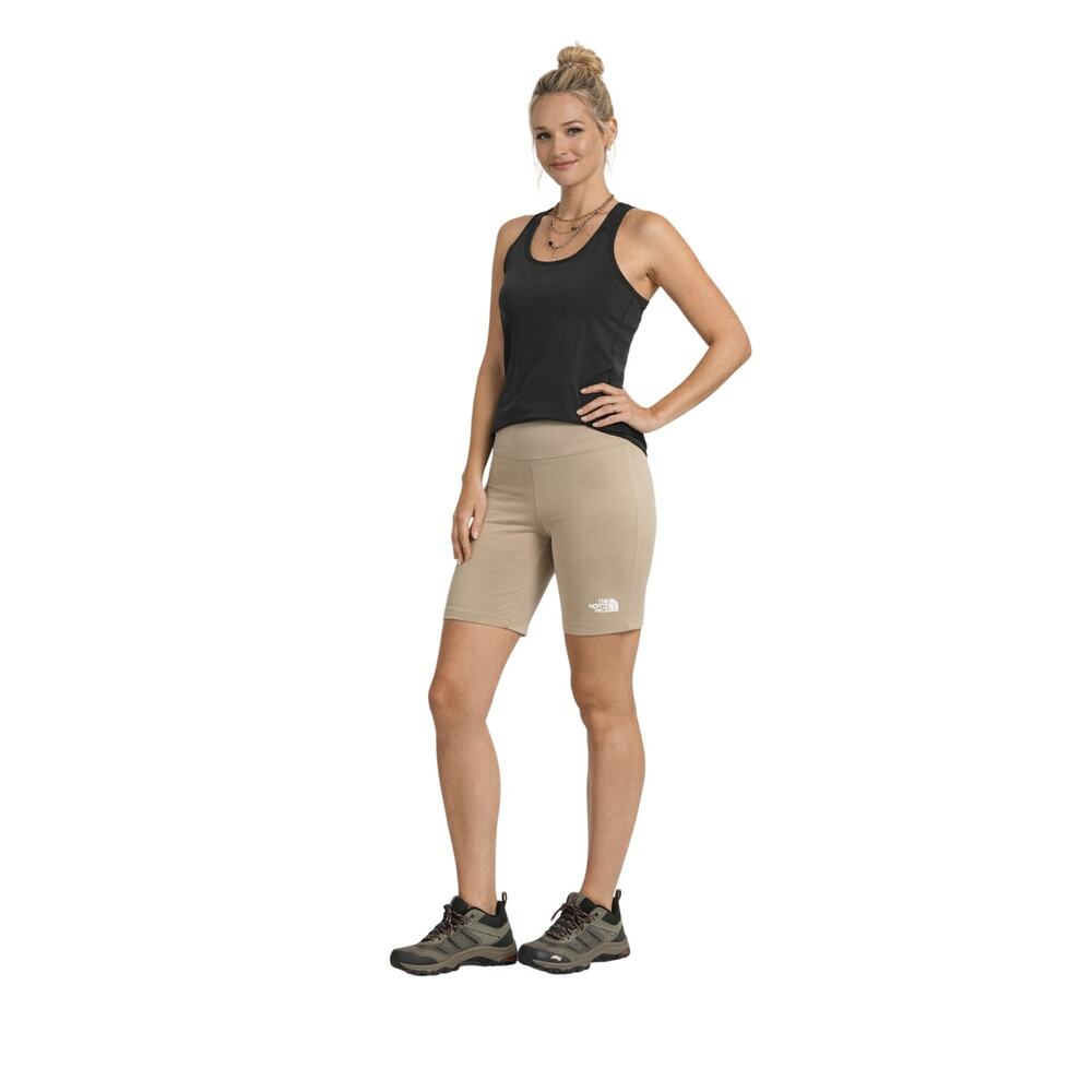 North Face Women’s M High Waisted Logo Biker Shorts Beige Hiking Adventure EUC